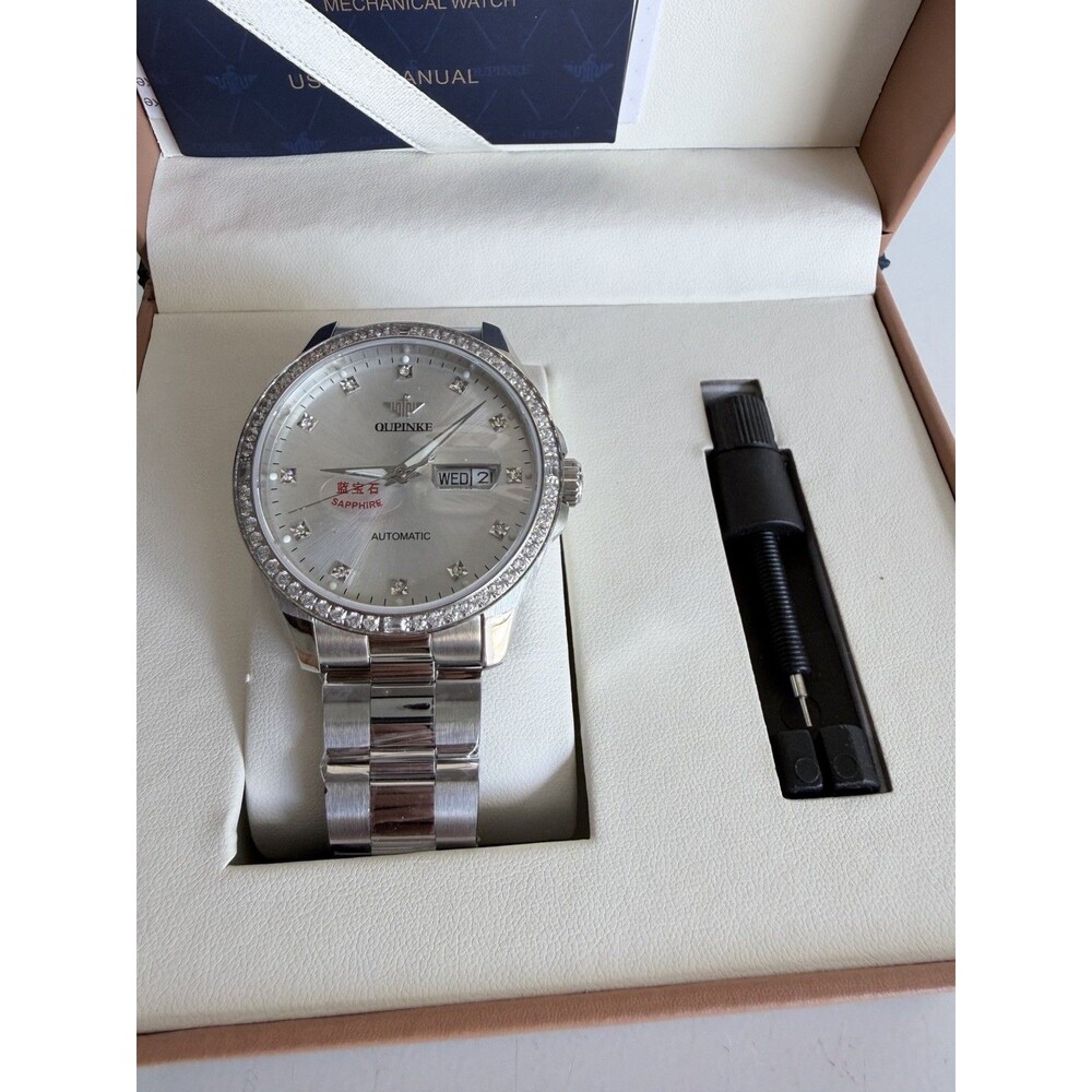 OUPINKE Automatic Day/Date Silver Dial Stainless Steel Bracelet Watch w/Box